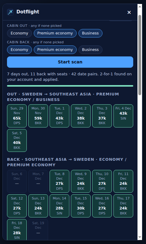 Business out and Economy back, with every cabin's price for a day