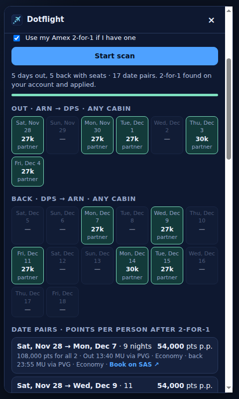 The Dotflight panel listing days with award seats out and back, and the bookable date pairs